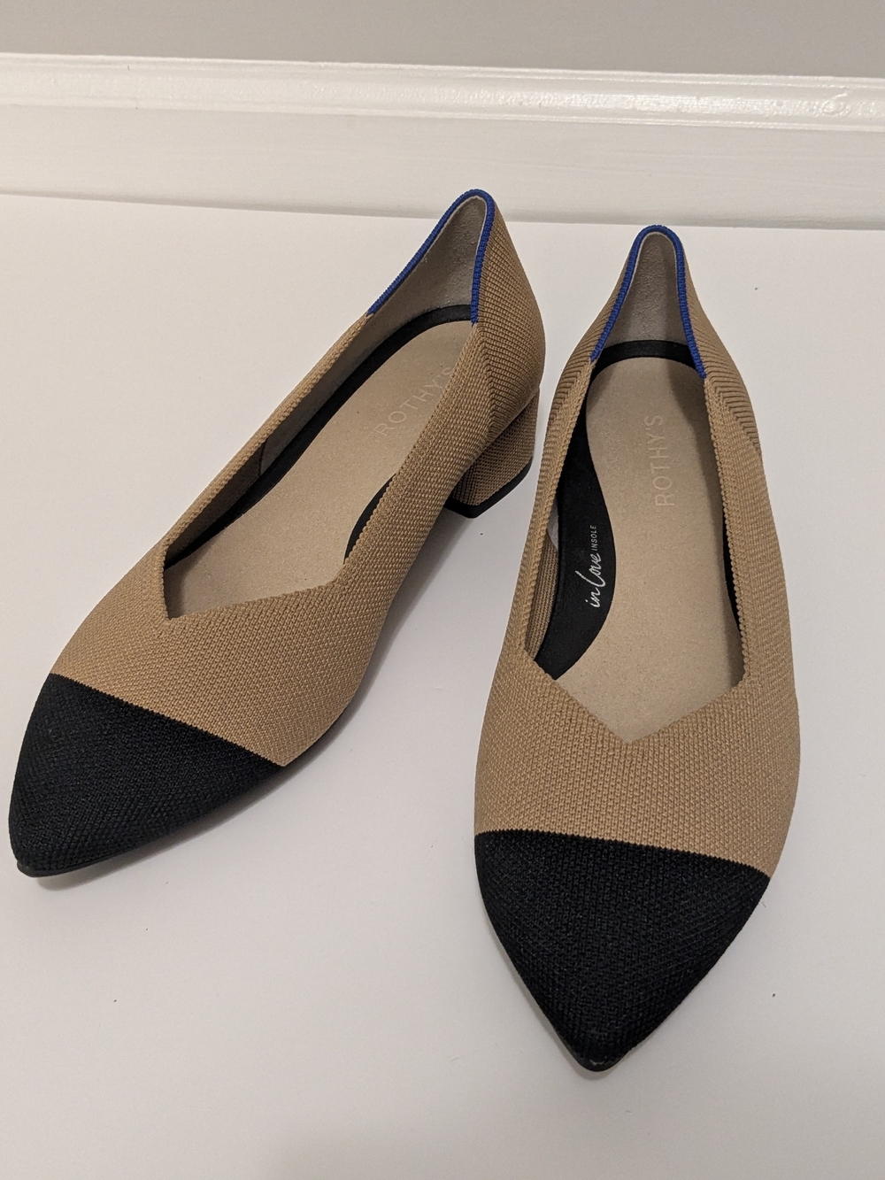 Rothy's Tan Flats with Black Pointed Cap and Blue Trim